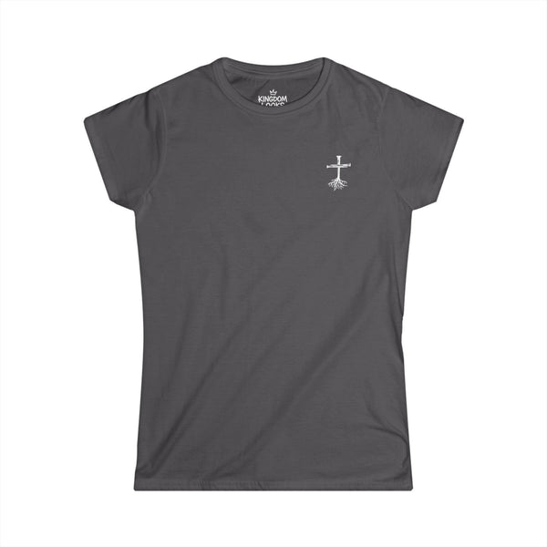 Christian Cross Women's Tee — 'Rooted in Christ' Faith Graphic Shirt