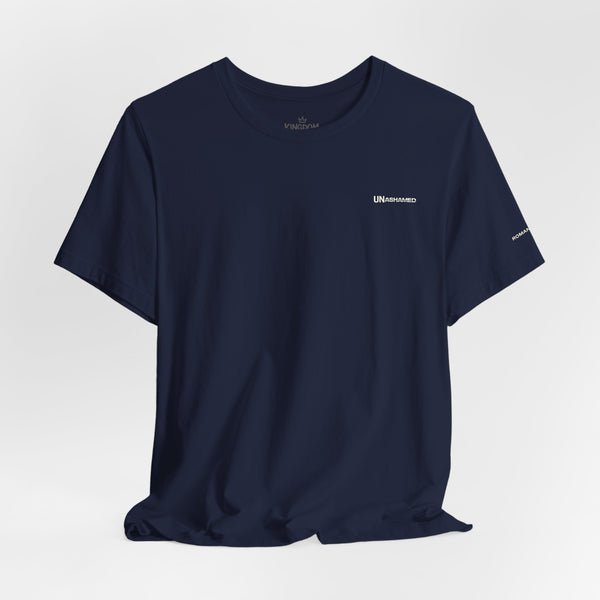 Unashamed Vertical Back Print Tee – Christian Scripture Romans 1:16 Shirt
