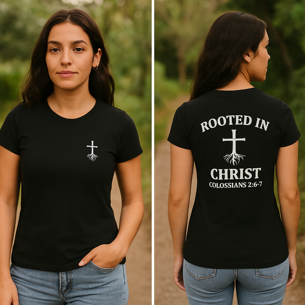 Christian Cross Women's Tee — 'Rooted in Christ' Faith Graphic Shirt