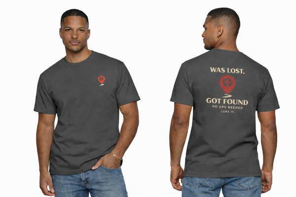 Red waypoint, WAS LOST GOT FOUND, Men's Garment Dyed Tee