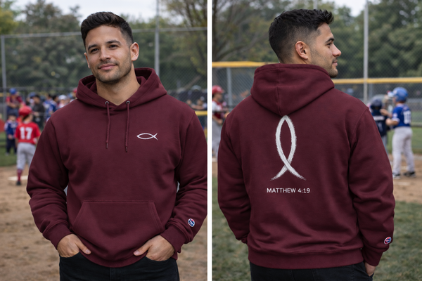 Christian Fish Hoodie — Minimal Ichthys Symbol with "Matthew 4:19"
