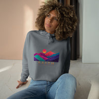 Load image into Gallery viewer, Faith Sunrise Crop Hoodie — Colorful Mountain Sunset Graphic