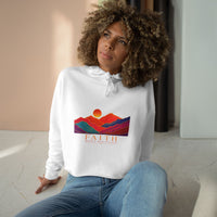 Load image into Gallery viewer, Faith Sunrise Crop Hoodie — Colorful Mountain Sunset Graphic