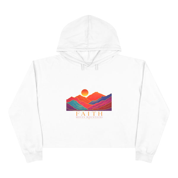 Faith Sunrise Crop Hoodie — Colorful Mountain Sunset Graphic
