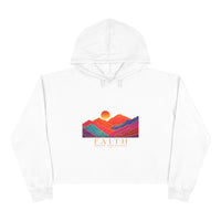 Load image into Gallery viewer, Faith Sunrise Crop Hoodie — Colorful Mountain Sunset Graphic