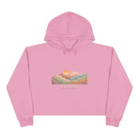 Load image into Gallery viewer, Faith Sunrise Crop Hoodie — Colorful Mountain Sunset Graphic
