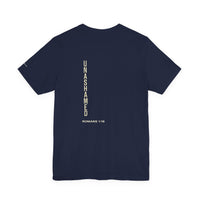 Load image into Gallery viewer, Unashamed Vertical Back Print Tee – Christian Scripture Romans 1:16 Shirt