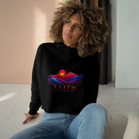 Load image into Gallery viewer, Faith Sunrise Crop Hoodie — Colorful Mountain Sunset Graphic