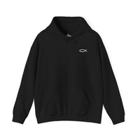 Load image into Gallery viewer, Christian Fish Hoodie — Minimal Ichthys Symbol with "Matthew 4:19"