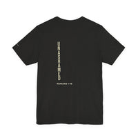 Load image into Gallery viewer, Unashamed Vertical Back Print Tee – Christian Scripture Romans 1:16 Shirt