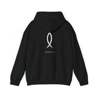 Load image into Gallery viewer, Christian Fish Hoodie — Minimal Ichthys Symbol with "Matthew 4:19"