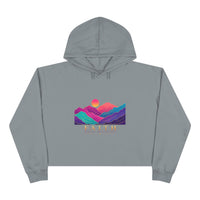 Load image into Gallery viewer, Faith Sunrise Crop Hoodie — Colorful Mountain Sunset Graphic