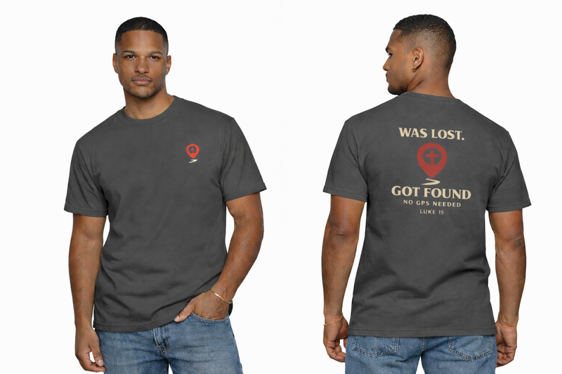 Red waypoint, WAS LOST GOT FOUND, Men's Garment Dyed Tee