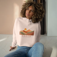 Load image into Gallery viewer, Faith Sunrise Crop Hoodie — Colorful Mountain Sunset Graphic