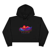 Load image into Gallery viewer, Faith Sunrise Crop Hoodie — Colorful Mountain Sunset Graphic