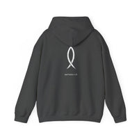 Load image into Gallery viewer, Christian Fish Hoodie — Minimal Ichthys Symbol with "Matthew 4:19"
