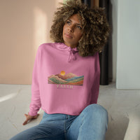 Load image into Gallery viewer, Faith Sunrise Crop Hoodie — Colorful Mountain Sunset Graphic