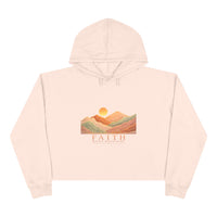 Load image into Gallery viewer, Faith Sunrise Crop Hoodie — Colorful Mountain Sunset Graphic