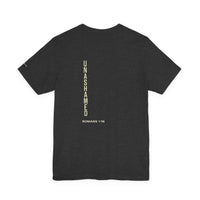 Load image into Gallery viewer, Unashamed Vertical Back Print Tee – Christian Scripture Romans 1:16 Shirt